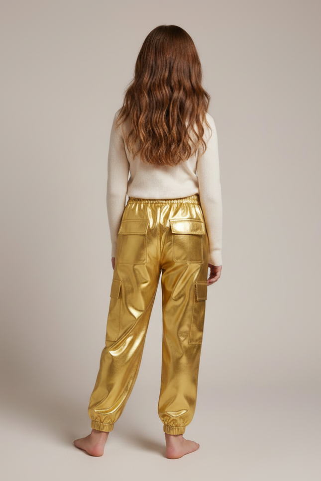 Pantalon Fluide Doré Métallisé Cargo Brillant Fille - Polyester - vue 2