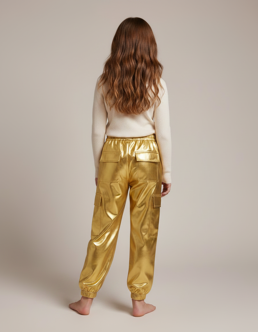 Pantalon Fluide Doré Métallisé Cargo Brillant Fille - Polyester - vue 2