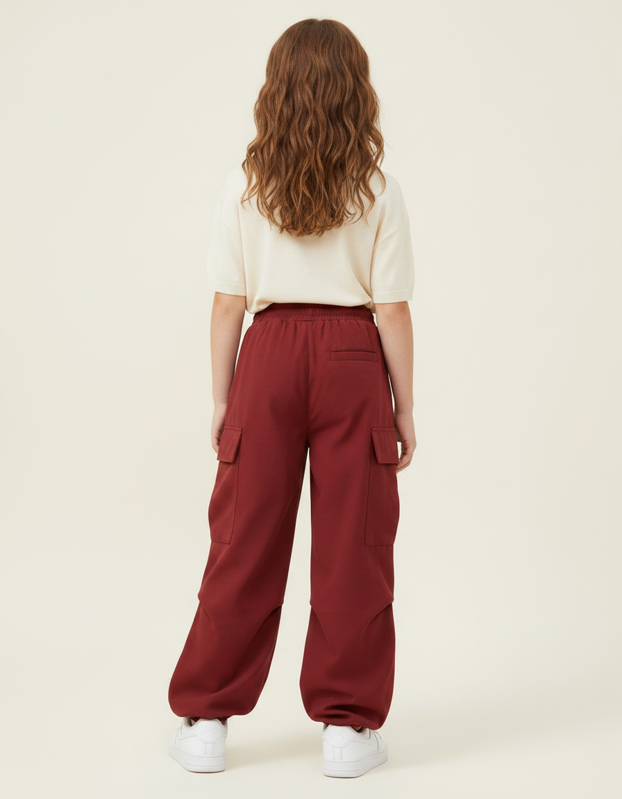 Pantalon Fluide Cargo Rouge Ample Enfant Streetwear - Bordeaux Viscose - vue 2