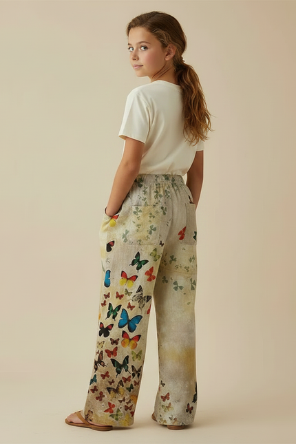 Pantalon Fluide Écru Papillons Ample Confortable Fille - Multicolore Lin - vue 2