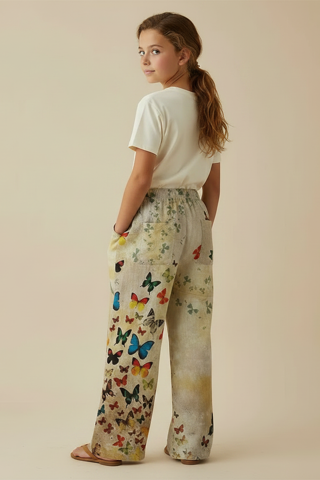 Pantalon Fluide Écru Papillons Ample Confortable Fille - Multicolore Lin - vue 2