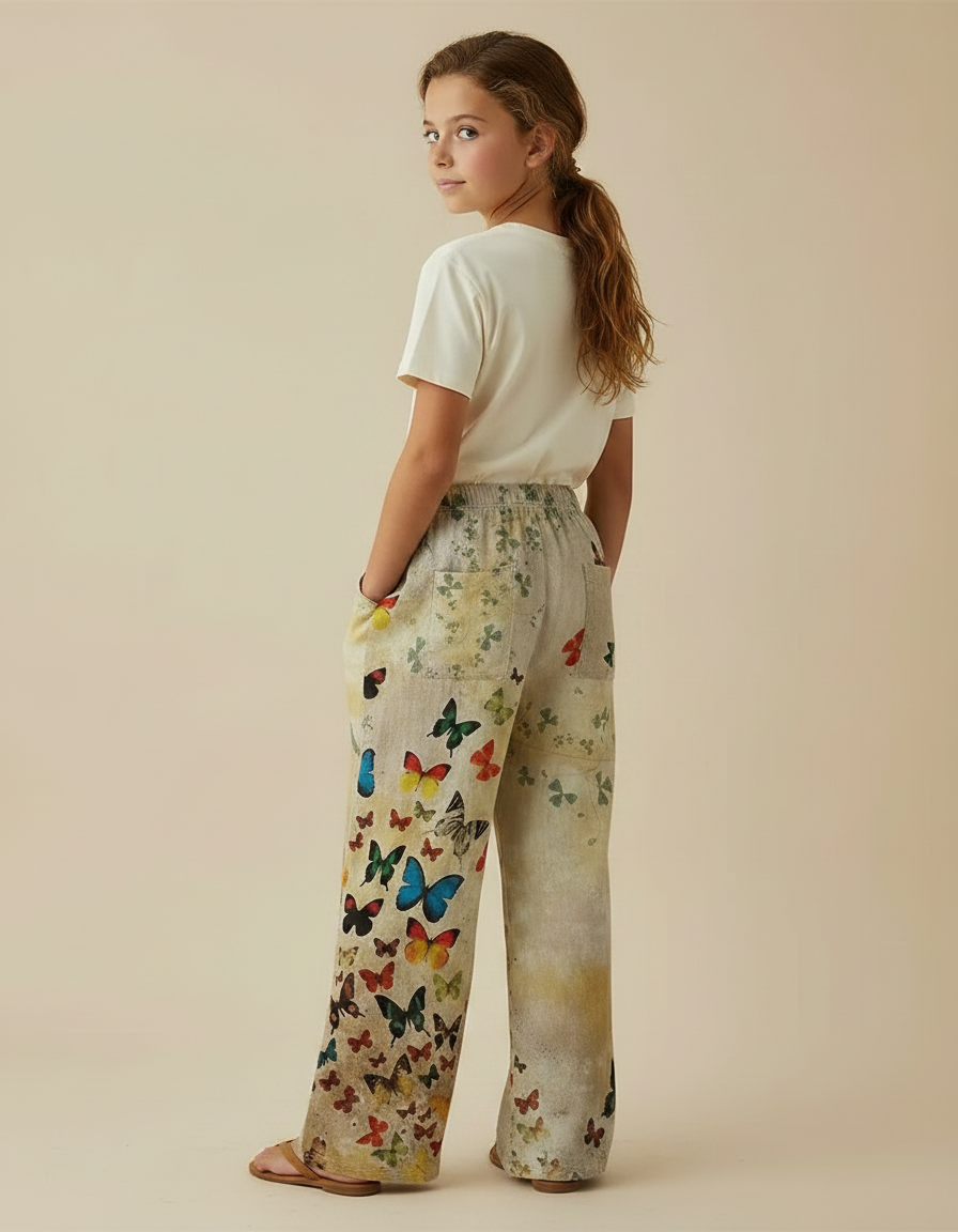 Pantalon Fluide Écru Papillons Ample Confortable Fille - Multicolore Lin - vue 2