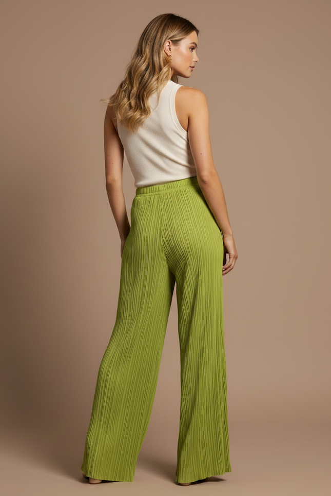 Pantalon Fluide Vert Plissé Ample Large Tendance - Polyester - vue 2