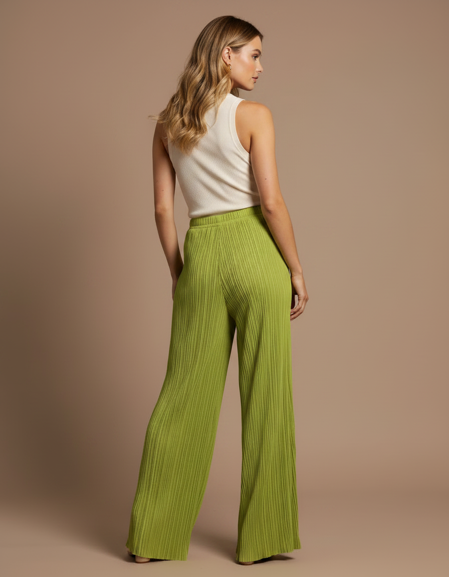 Pantalon Fluide Vert Plissé Ample Large Tendance - Polyester - vue 2