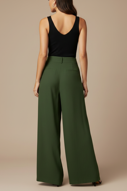 Pantalon Fluide Vert Militaire Ample Taille Haute Plissé Elégant - Lin - vue 2
