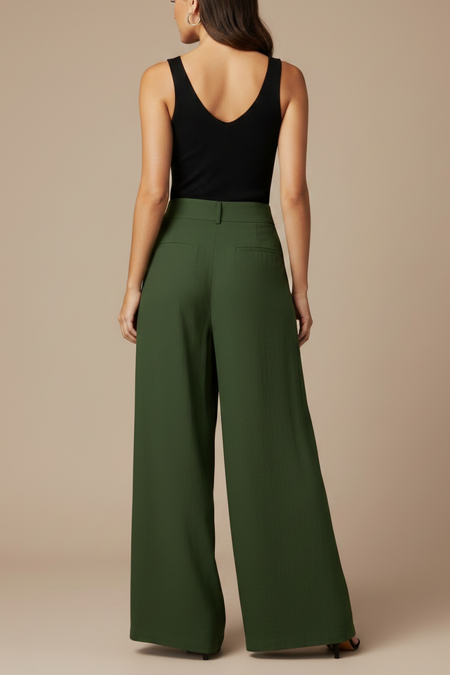 Pantalon Fluide Vert Militaire Ample Taille Haute Plissé Elégant - Lin - vue 2