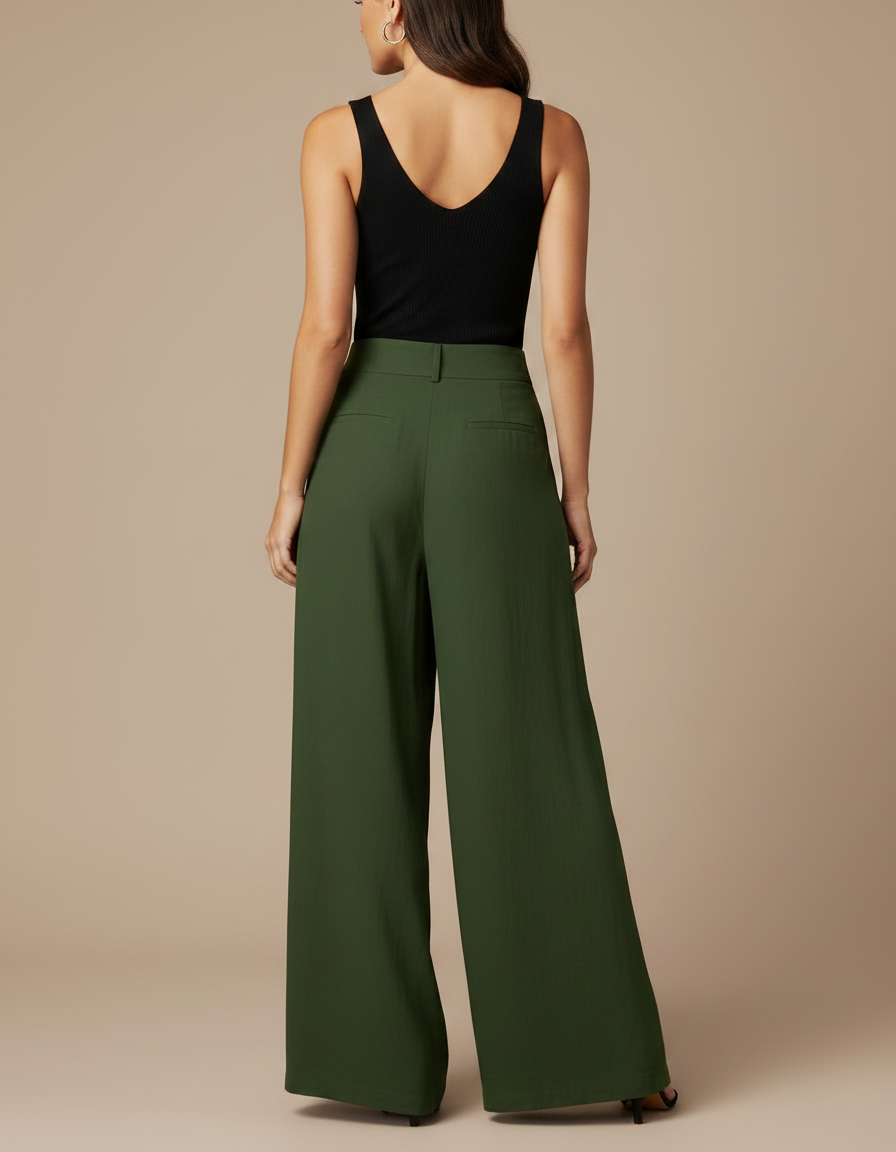 Pantalon Fluide Vert Militaire Ample Taille Haute Plissé Elégant - Lin - vue 2