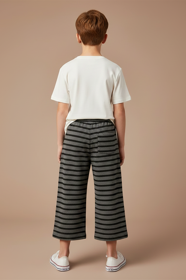 Pantalon Fluide Rayé Gris Noir Ample Coton - Molleton - vue 2
