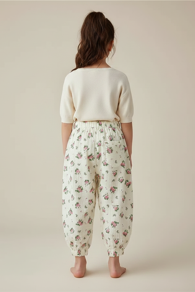 Pantalon Fluide Écru Imprimé Roses Mousseline Enfant - Coton - vue 2