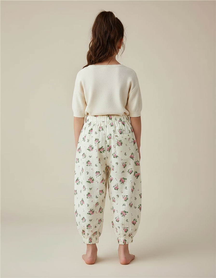 Pantalon Fluide Écru Imprimé Roses Mousseline Enfant - Coton - vue 2