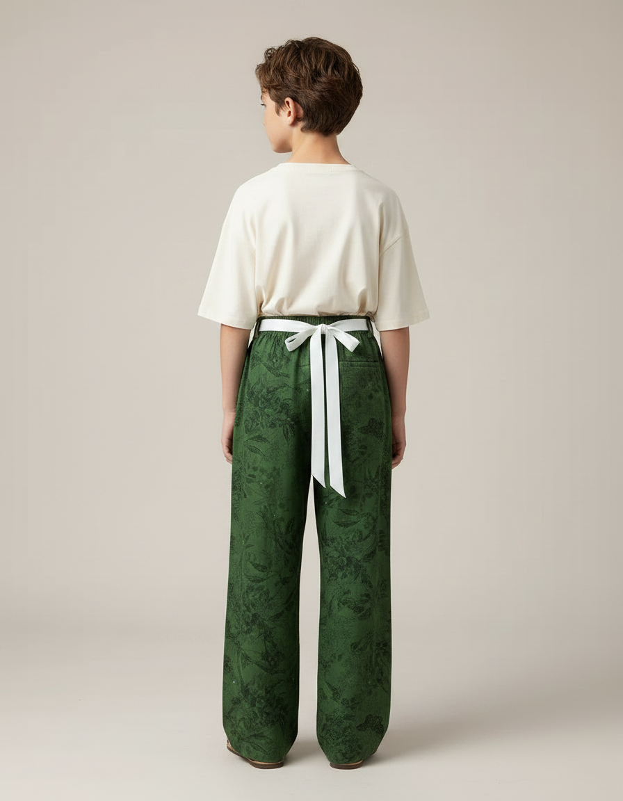 Pantalon Fluide Vert Imprimé Floral Ample Garçon - Lin - vue 2