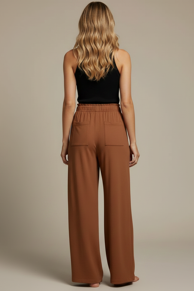 Pantalon Fluide Marron Ample Taille Haute Cordon - Viscose - vue 2
