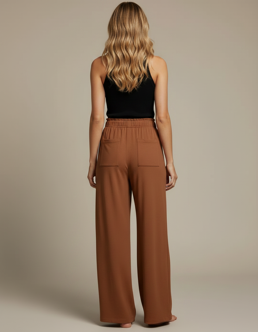 Pantalon Fluide Marron Ample Taille Haute Cordon - Viscose - vue 2