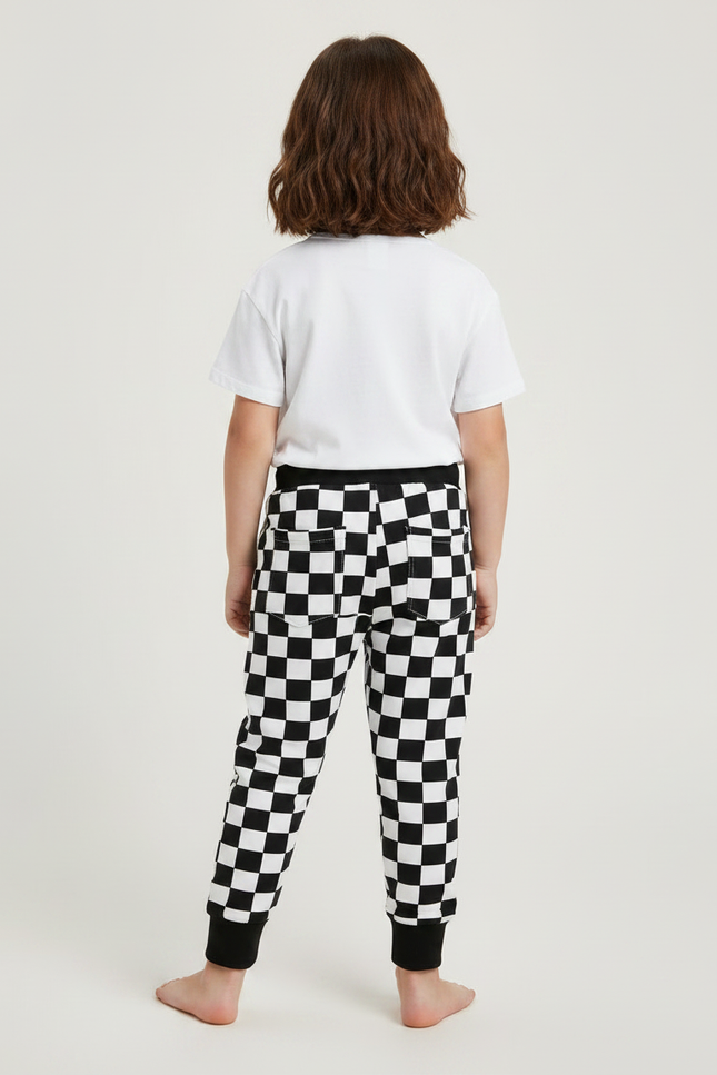 Pantalon Fluide Carreaux Noir Blanc Cordon Cheville - Imprimé Molleton - vue 2