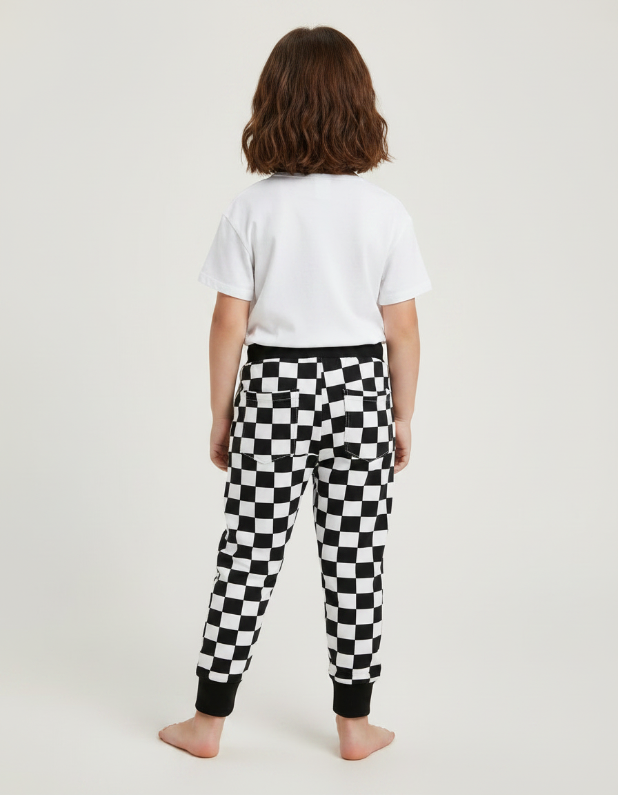 Pantalon Fluide Carreaux Noir Blanc Cordon Cheville - Imprimé Molleton - vue 2