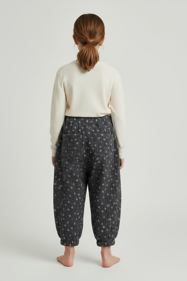 Pantalon Fluide Gris Imprimé Floral Bouffant Fille - Cordé - vue 2