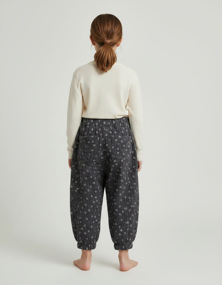 Pantalon Fluide Gris Imprimé Floral Bouffant Fille - Cordé - vue 2