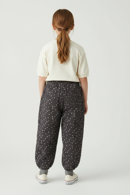 Pantalon Fluide Gris Floral Matelassé Ample Fille - Coton - vue 2