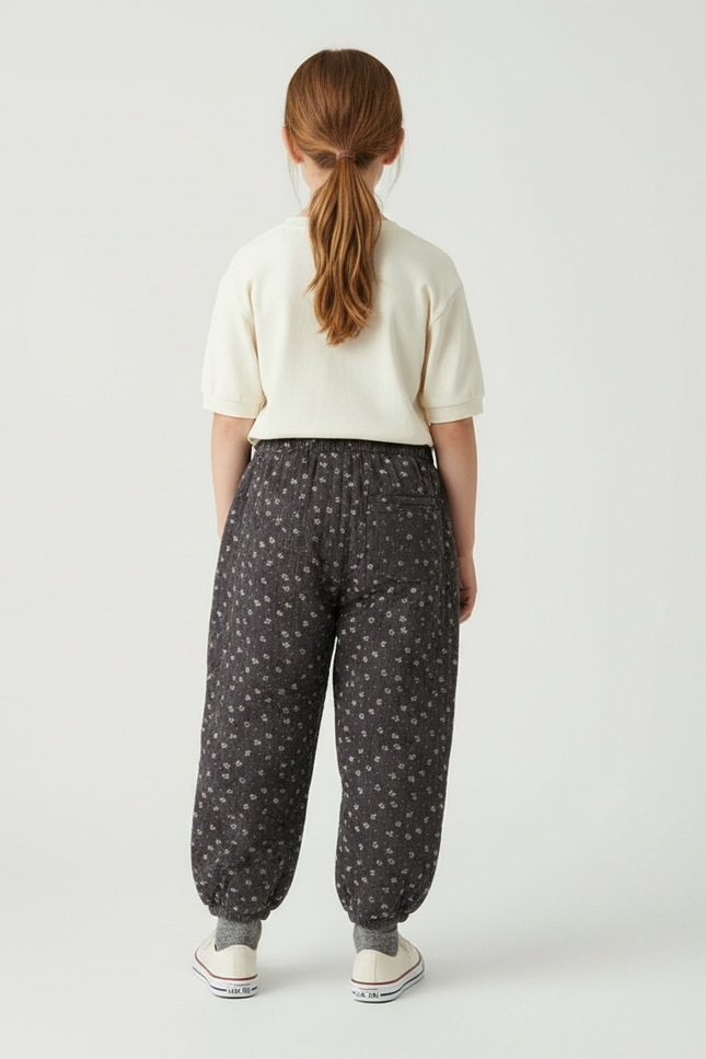 Pantalon Fluide Gris Floral Matelassé Ample Fille - Coton - vue 2