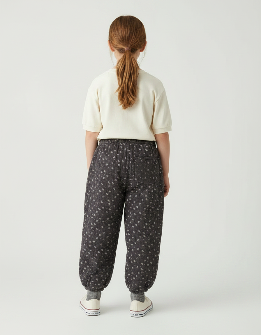 Pantalon Fluide Gris Floral Matelassé Ample Fille - Coton - vue 2