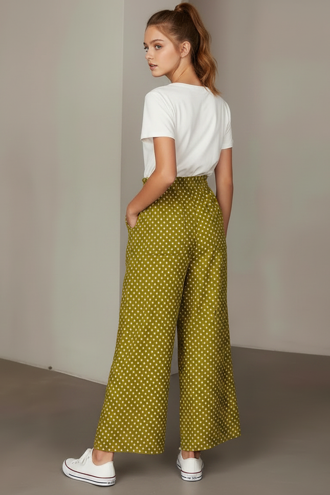 Pantalon Fluide Vert Kaki Ample Pois Blancs - Viscose - vue 2