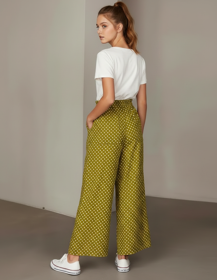 Pantalon Fluide Vert Kaki Ample Pois Blancs - Viscose - vue 2