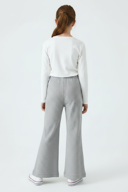 Pantalon Fluide Gris Maille Côtelée Évasé Confortable - vue 2