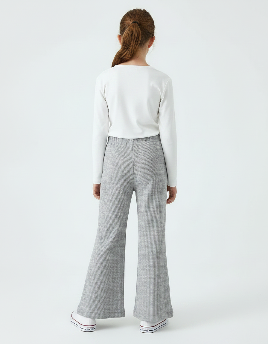 Pantalon Fluide Gris Maille Côtelée Évasé Confortable - vue 2