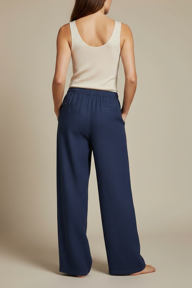Ensemble Pantalon Fluide Femme Lin - Marine - vue 2