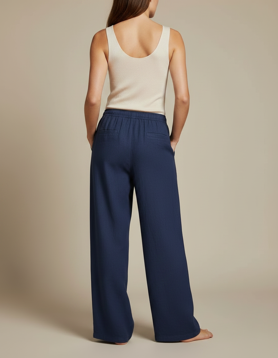 Ensemble Pantalon Fluide Femme Lin - Marine - vue 2