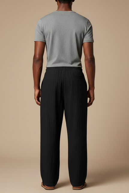 Pantalon Fluide Noir Coton Ample Décontracté Homme - vue 2