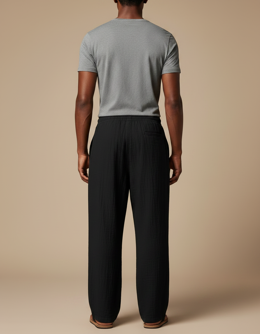 Pantalon Fluide Noir Coton Ample Décontracté Homme - vue 2