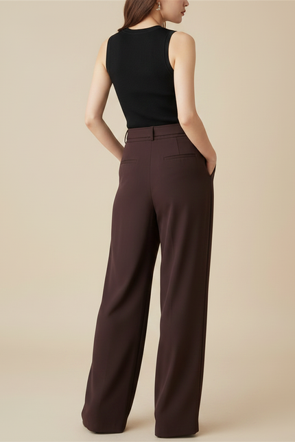 Pantalon Fluide Marron Plissé Ample Taille Haute Élégant - Viscose - vue 2