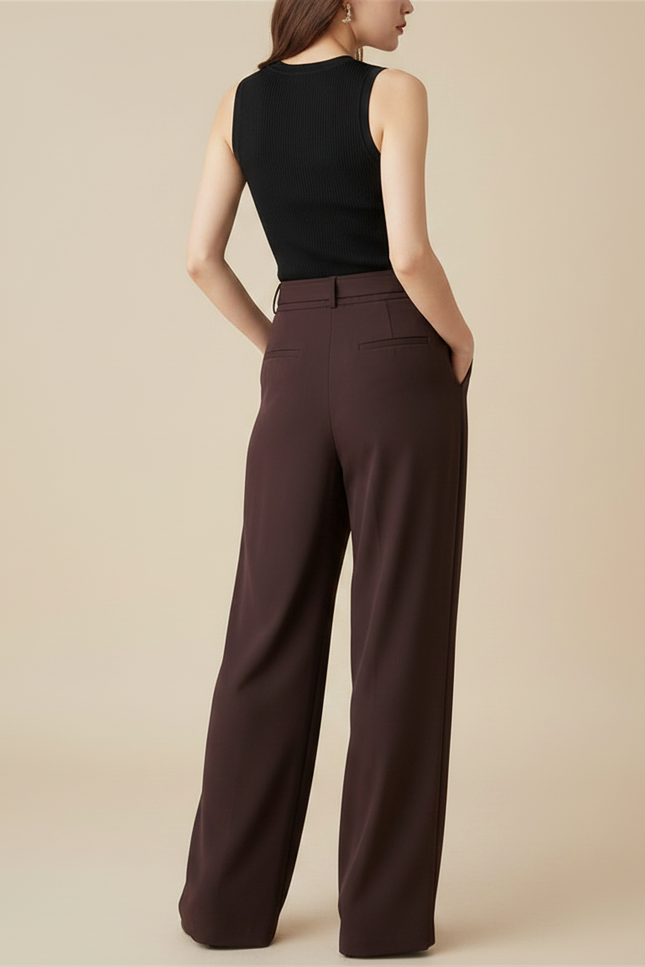 Pantalon Fluide Marron Plissé Ample Taille Haute Élégant - Viscose - vue 2
