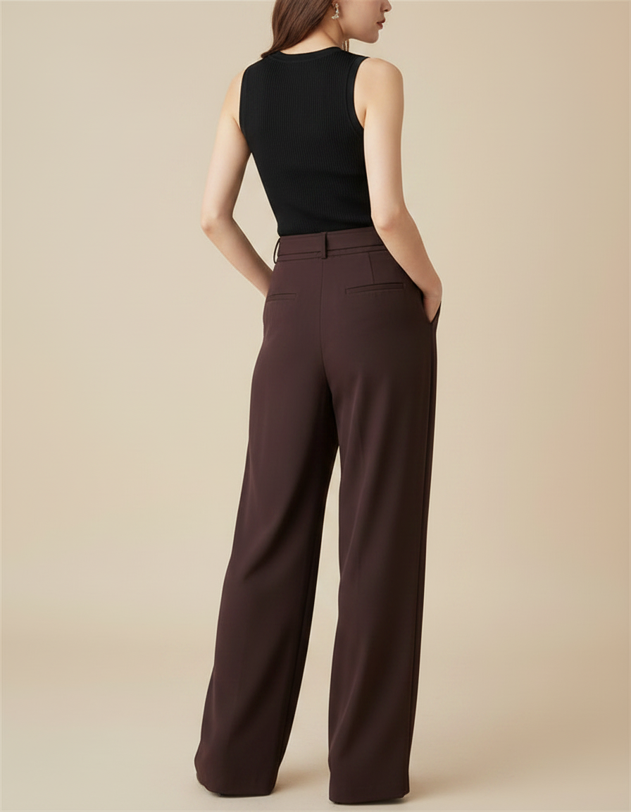 Pantalon Fluide Marron Plissé Ample Taille Haute Élégant - Viscose - vue 2