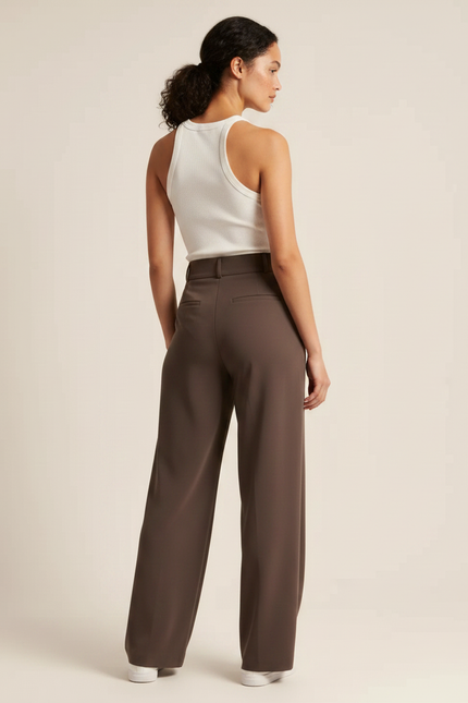 Pantalon Fluide Marron Ample Taille Haute Plissé Femme - Polyester - vue 2