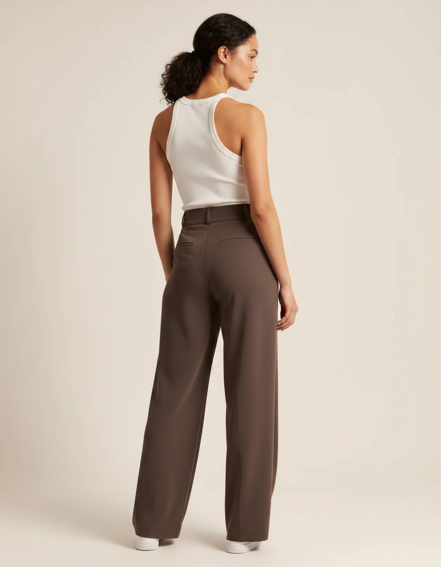 Pantalon Fluide Marron Ample Taille Haute Plissé Femme - Polyester - vue 2