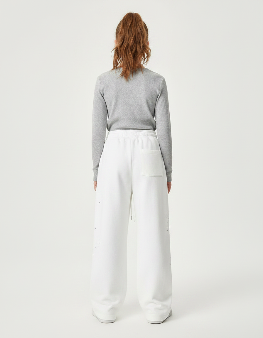 Pantalon Fluide Blanc Ample Éclaboussures Peinture Décontracté - Molleton - vue 2