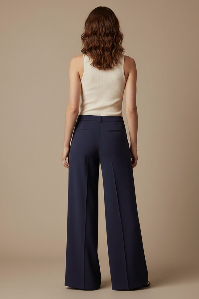 Pantalon Fluide Bleu Marine Ample Taille Haute Femme - Polyester - vue 2
