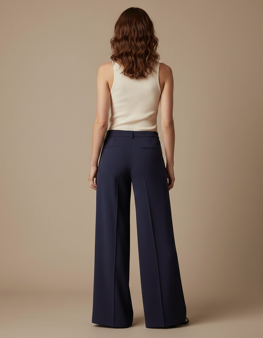 Pantalon Fluide Bleu Marine Ample Taille Haute Femme - Polyester - vue 2