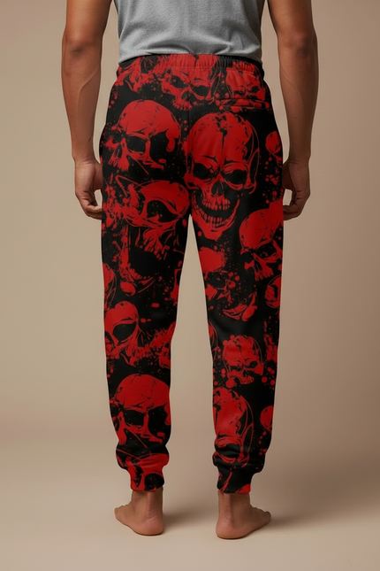 Pantalon Fluide Noir Crânes Rouges Ample Décontracté Homme - Imprimé Molleton - vue 2