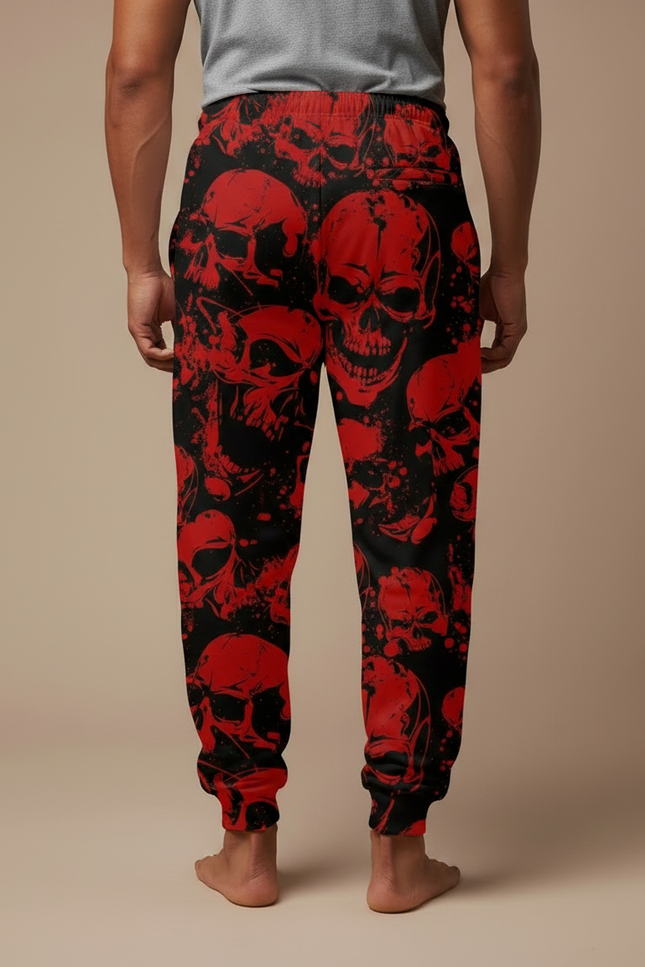 Pantalon Fluide Noir Crânes Rouges Ample Décontracté Homme - Imprimé Molleton - vue 2