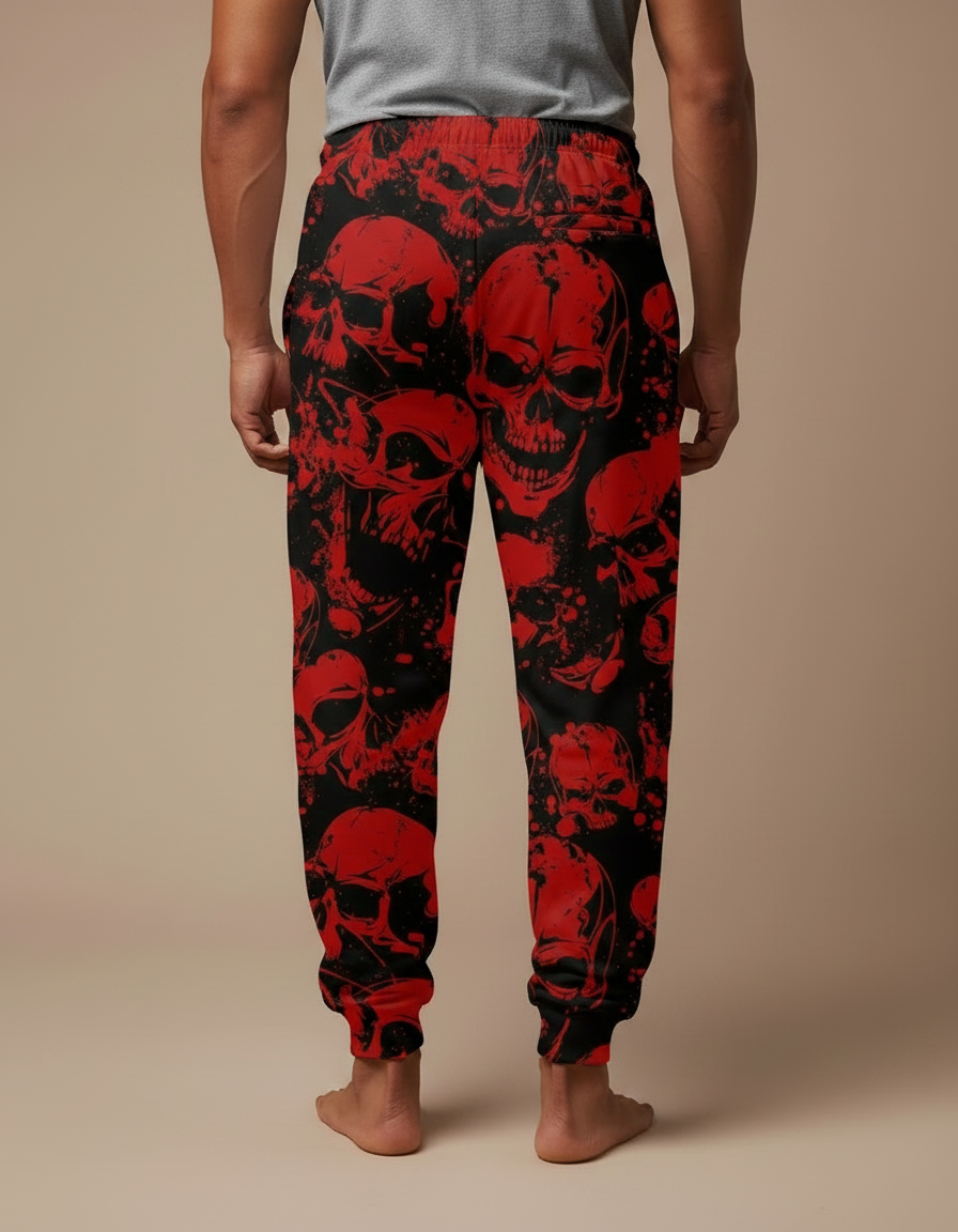 Pantalon Fluide Noir Crânes Rouges Ample Décontracté Homme - Imprimé Molleton - vue 2