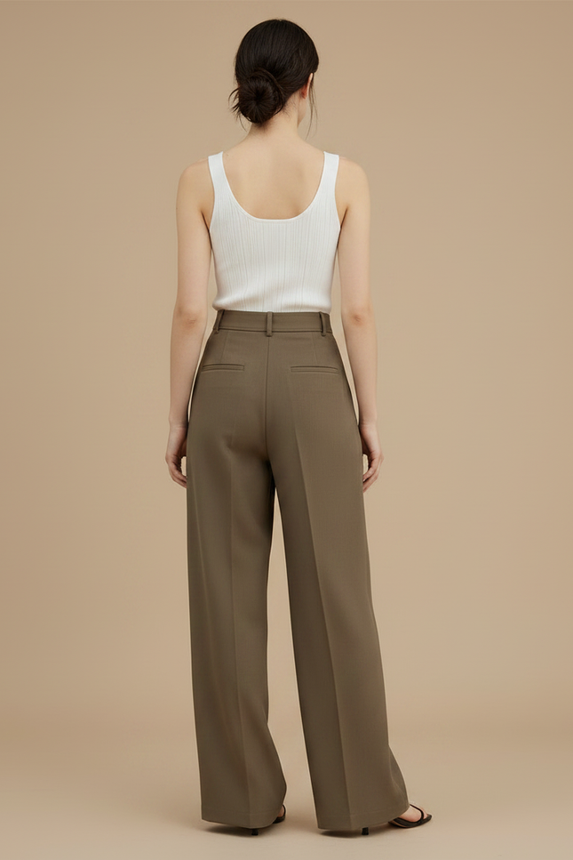 Pantalon Fluide Marron Plissé Taille Haute Élégant - Kaki Viscose - vue 2