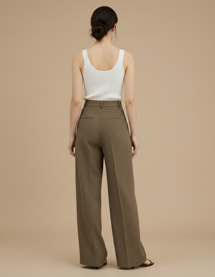 Pantalon Fluide Marron Plissé Taille Haute Élégant - Kaki Viscose - vue 2