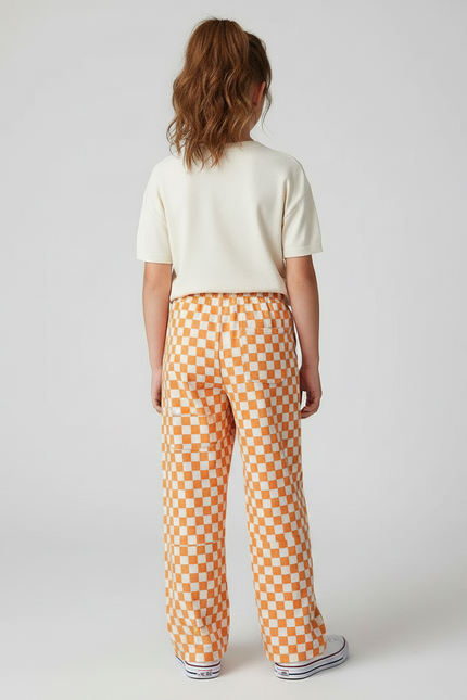 Pantalon Fluide Carreaux Orange Ample Décontracté Enfant - Imprimé Molleton - vue 2