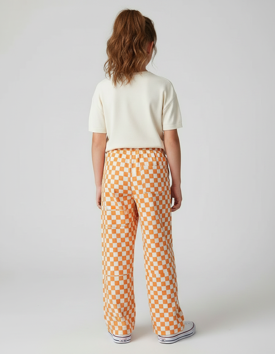 Pantalon Fluide Carreaux Orange Ample Décontracté Enfant - Imprimé Molleton - vue 2