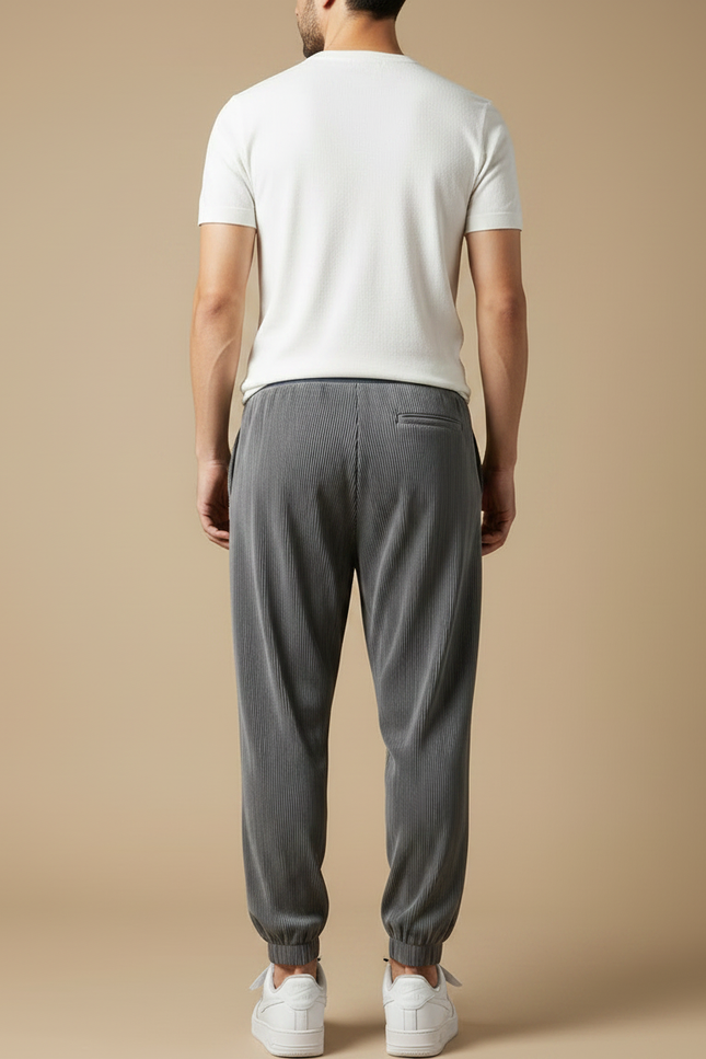 Pantalon Fluide Plissé Gris Cordon Léger Homme - Cordé - vue 2