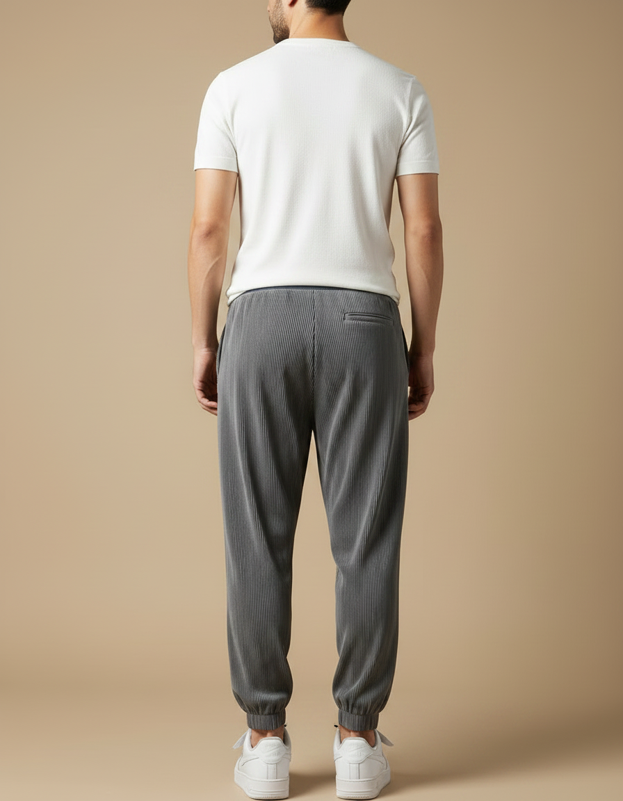 Pantalon Fluide Plissé Gris Cordon Léger Homme - Cordé - vue 2