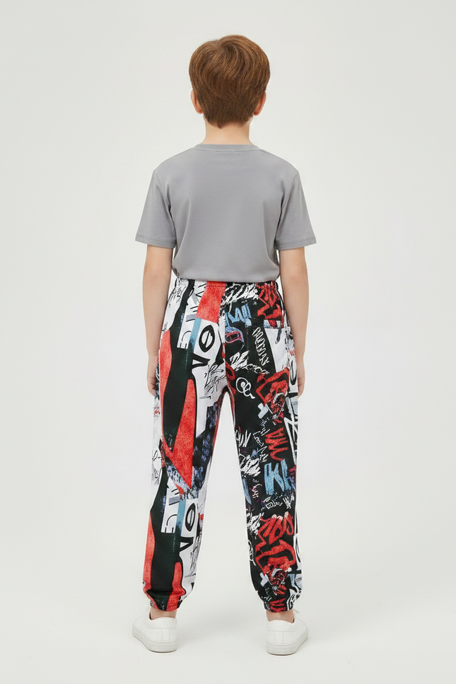 Pantalon Fluide Imprimé Abstrait Rouge Noir Garçon Coton - vue 2